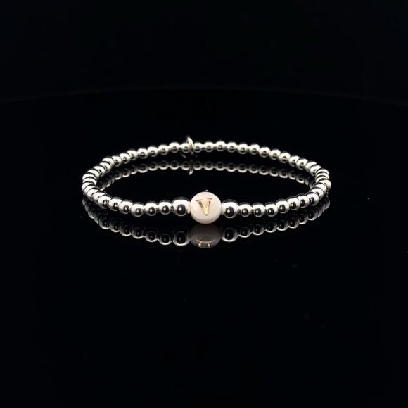 925 Sterling Silver Beaded Stretch Stacking Bracelet MOP Letter Initial V - Picture 1 of 6